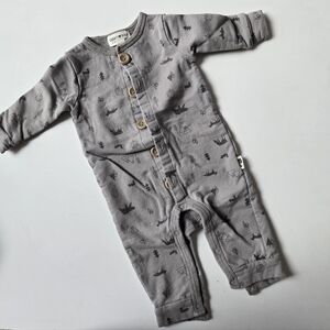 Rabbit + Bear Gray Baby Onesie with Wooden Buttons Forest Print 0-3m